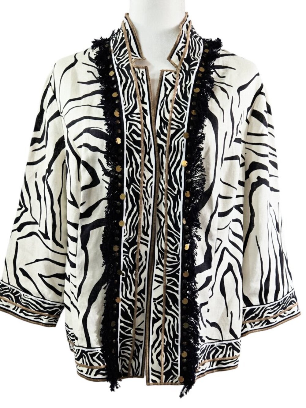 Chico's 100% Linen White Black Zebra Open Front Fringe Rivet Trim Jacket Safari